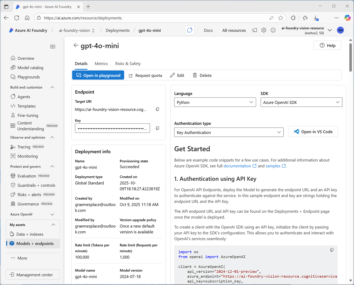 Screenshot of the model deployment page.