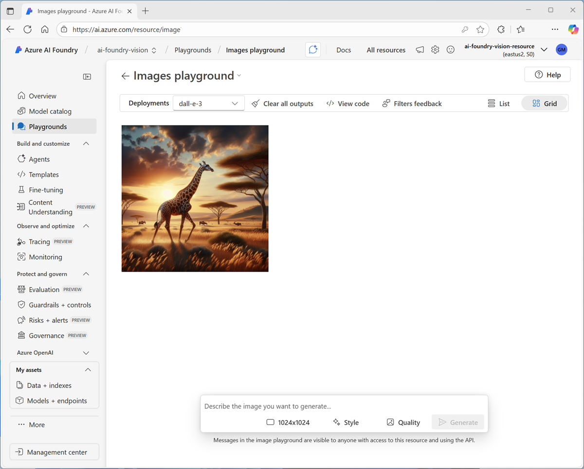 Screenshot of the images playground with a generated image.