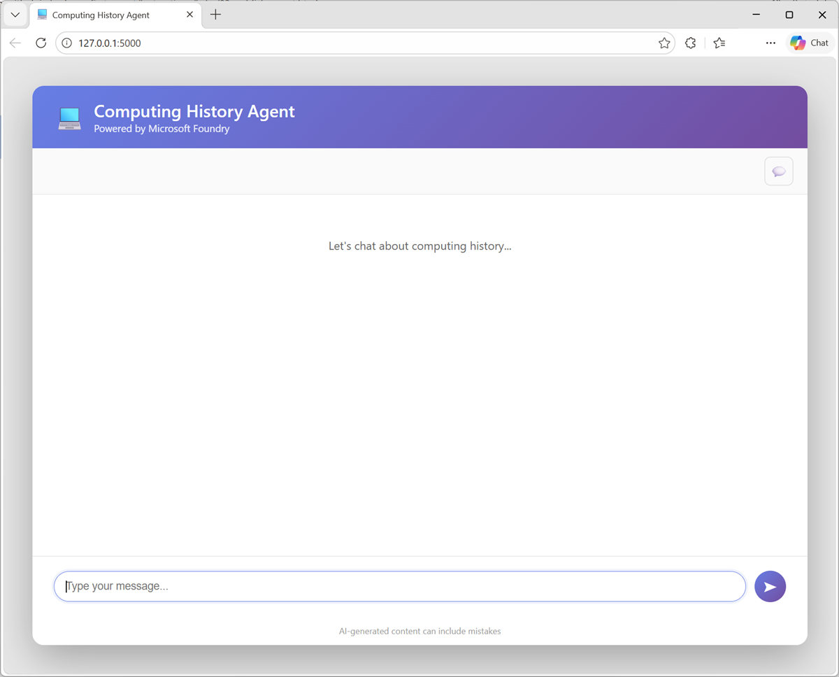 Screenshot of the client application for the published agent.