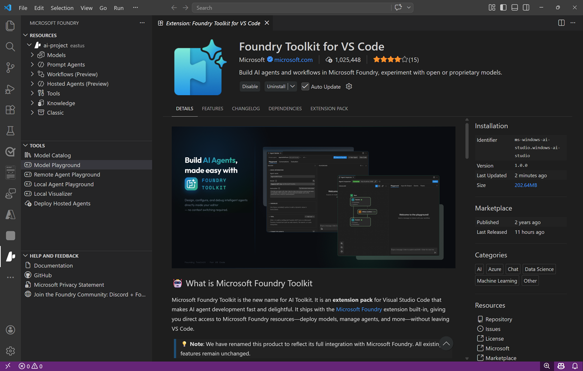 Screenshot of the Foundry Toolkit extension for Visual Studio Code.
